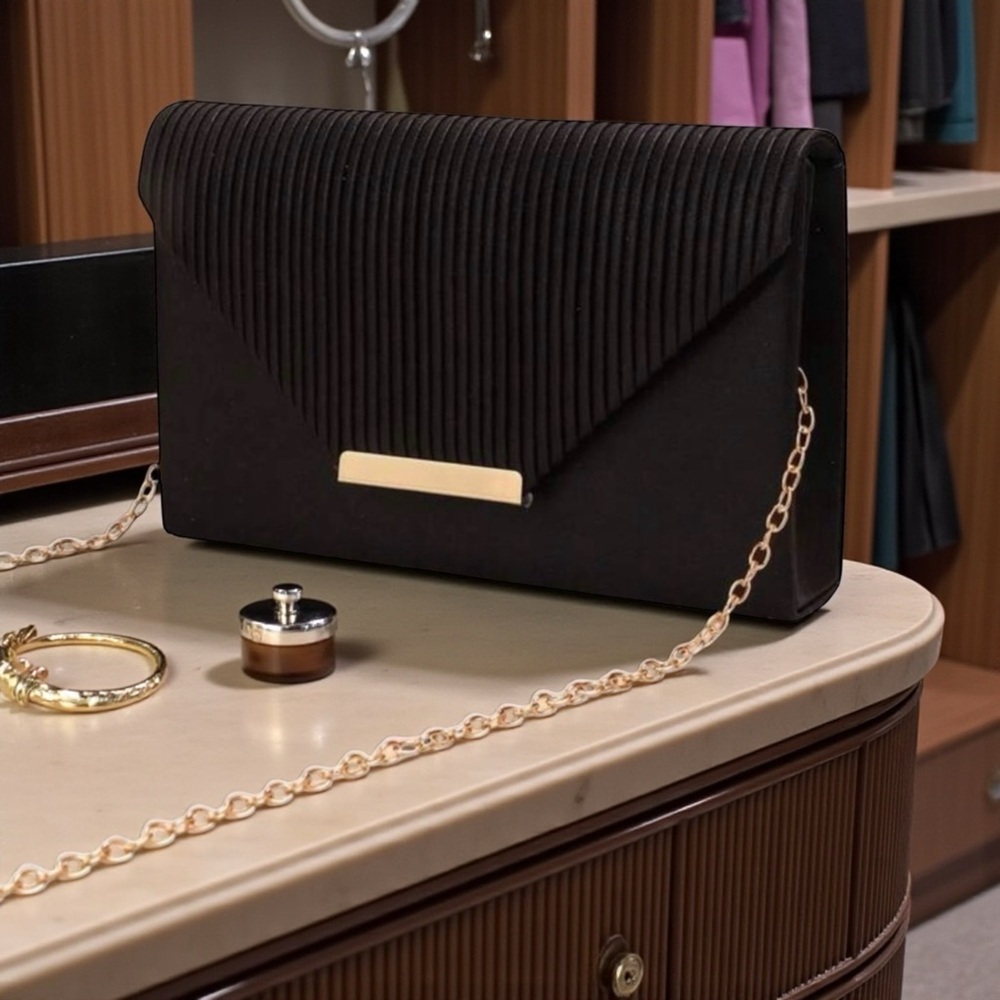 NWT Elegant Black Clutch with Gold Chain